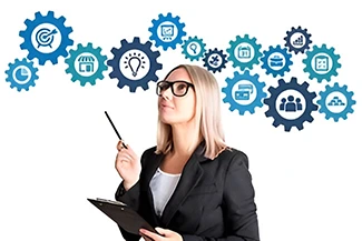 A businesswoman holds a clipboard featuring gears and icons, symbolizing women's vital role in innovation and technology.